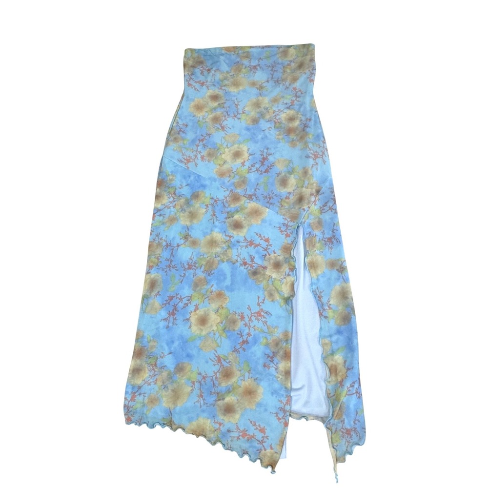 Urban Outfitters Mesh Y2K Maxi Tube Dress‎ L Indie Floral Slit Lettuce Hem Blue